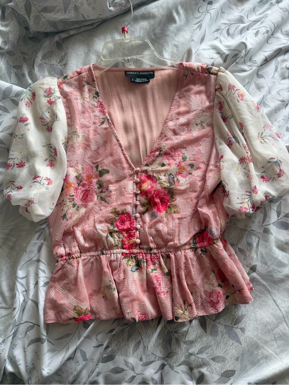 HEMANT & NANDITA Pink Floral Peplum Blouse with Puff Sleeves